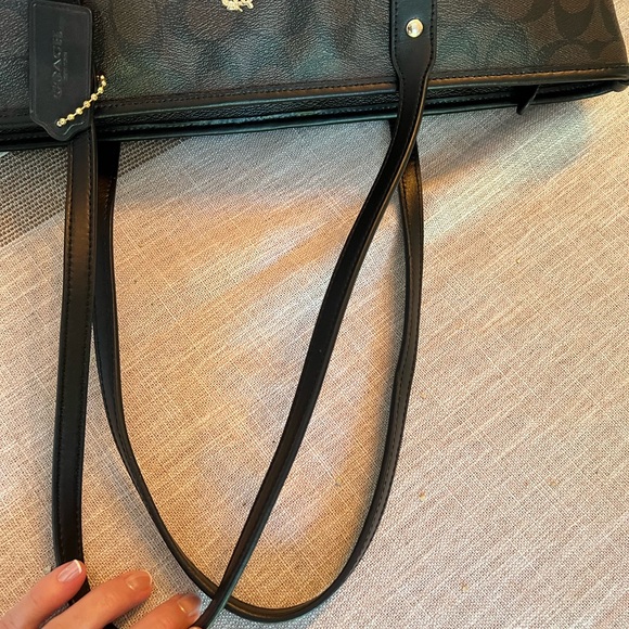 COACH Signature Tote Brown Black Canvas Leather Trim Shoulder Bag Large - Picture 4 of 8